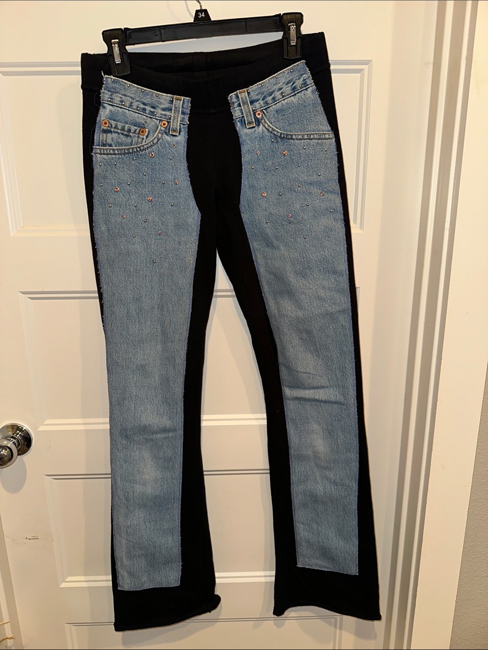 Two-Tone Blue & Black Wide-Leg Jeans with Stud Detail Bejeweled